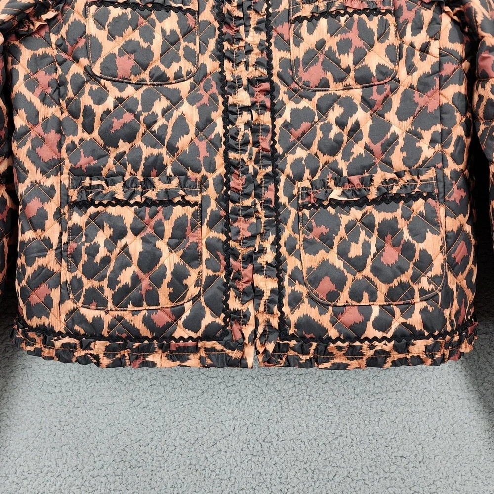 J.Crew Re-Imagined Quilted‎ Leopard Print Ruffle Trim Jacket Size 6 Animal Print